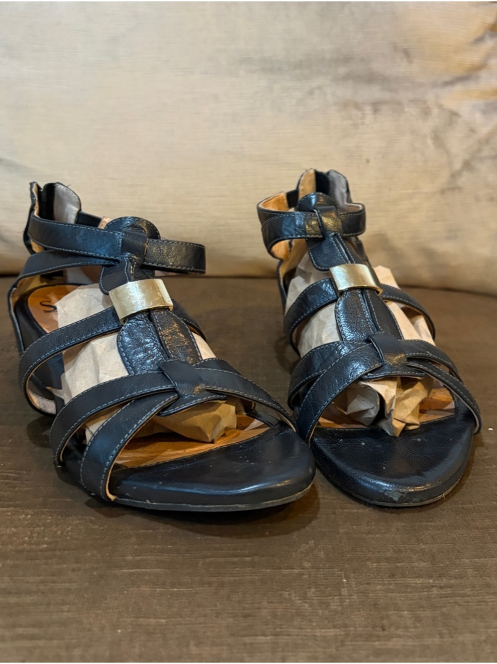 Sofft Black Strappy Sandals with Gold Accent